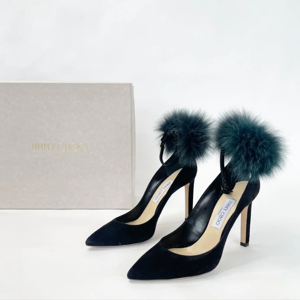 Jimmy Choo Black Suede Shoes with Detachable Green Fur – Chic & Glamorous - Picture 2 of 8